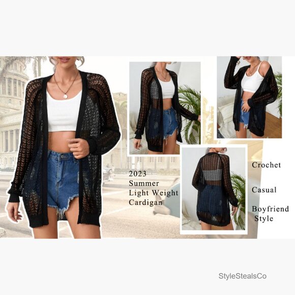 Crochet Open Front Long Sleeve Cardigan Lightweight Summer Cover Up - Picture 7 of 7